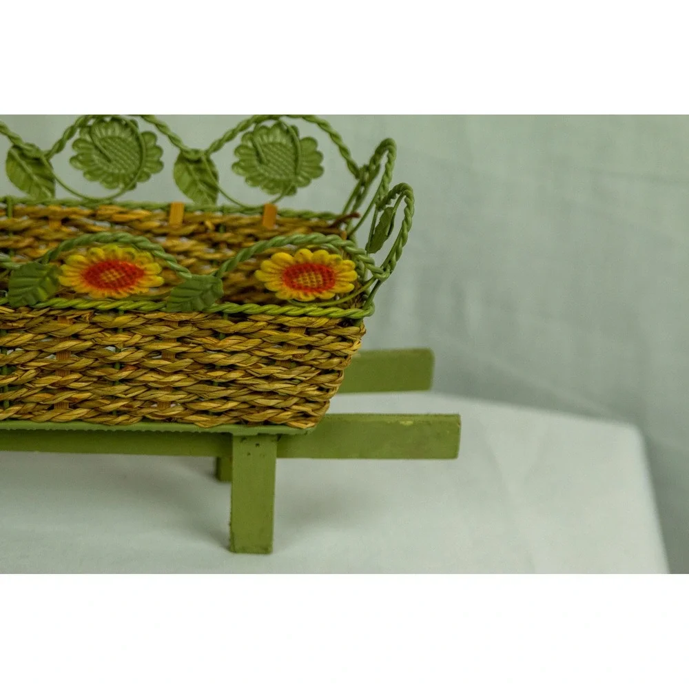 Vintage Style Wicker Wheelbarrow Planter Sunflower Metal Garden Decor Green